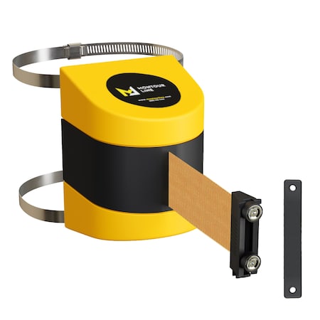 Montour Line Retractable Belt Barrier YW Clamped Wall Mount, 15' Brown Belt (M) PWM200-YW-BN-C-M-150